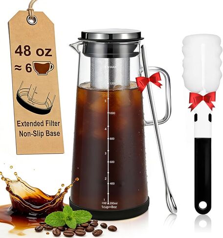 Cold Brew Coffee Maker 1.4L/48oz with Handle, Extended Stainless Steel Filter for Deep Extraction, Iced Tea Pitcher with Non-Slip Base Includes Cleaning Brush & Long Stirring Spoon in Kuwait