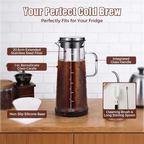 Cold Brew Coffee Maker 1.4L/48oz with Handle, Extended Stainless Steel Filter for Deep Extraction, Iced Tea Pitcher with Non-Slip Base Includes Cleaning Brush & Long Stirring Spoon in Kuwait