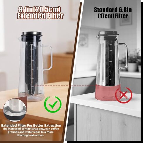 Cold Brew Coffee Maker 1.4L/48oz with Handle, Extended Stainless Steel Filter for Deep Extraction, Iced Tea Pitcher with Non-Slip Base Includes Cleaning Brush & Long Stirring Spoon in Kuwait
