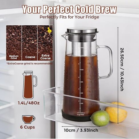 Cold Brew Coffee Maker 1.4L/48oz with Handle, Extended Stainless Steel Filter for Deep Extraction, Iced Tea Pitcher with Non-Slip Base Includes Cleaning Brush & Long Stirring Spoon in Kuwait