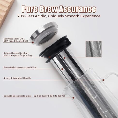 Cold Brew Coffee Maker 1.4L/48oz with Handle, Extended Stainless Steel Filter for Deep Extraction, Iced Tea Pitcher with Non-Slip Base Includes Cleaning Brush & Long Stirring Spoon in Kuwait