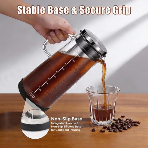 Cold Brew Coffee Maker 1.4L/48oz with Handle, Extended Stainless Steel Filter for Deep Extraction, Iced Tea Pitcher with Non-Slip Base Includes Cleaning Brush & Long Stirring Spoon in Kuwait