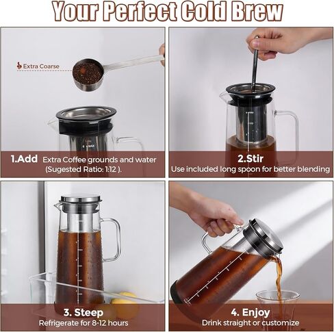 Cold Brew Coffee Maker 1.4L/48oz with Handle, Extended Stainless Steel Filter for Deep Extraction, Iced Tea Pitcher with Non-Slip Base Includes Cleaning Brush & Long Stirring Spoon in Kuwait