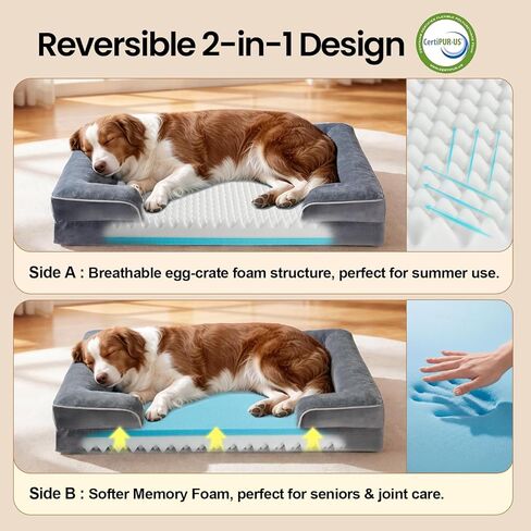 OhGeni Orthopedic Dog Bed Couch Cat Sofa for Large Sized Pets with Memory Foam, Machine-Washable Waterproof Removable Cover, Soft Comfortable Fabric, 35-inch (Gray) in Kuwait