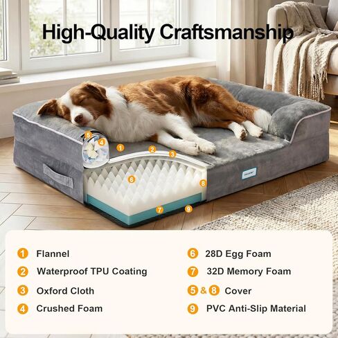 OhGeni Orthopedic Dog Bed Couch Cat Sofa for Large Sized Pets with Memory Foam, Machine-Washable Waterproof Removable Cover, Soft Comfortable Fabric, 35-inch (Gray) in Kuwait