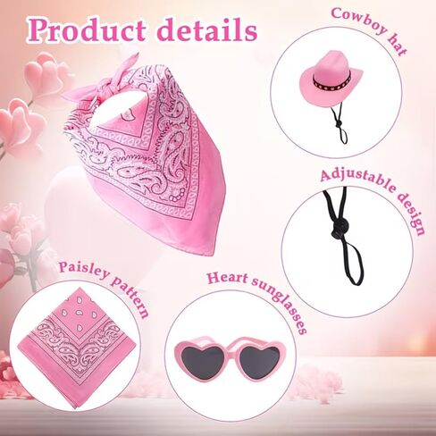 3Pcs Pink Western Pet Costume Set - Mini Cowboy Hat, Heart Sunglasses & Paisley Bandana, Cute Outfit for Small Dogs, Cats, Porch Goose Statues & Stuffed Animals in Kuwait