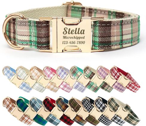 Plaid Polyester Personalized Dog Collar with Name - Custom Dog Collar Laser Engraved Name and Phone Numbers on Metal Buckle (Blue, S (10-16 Inches)) in Kuwait