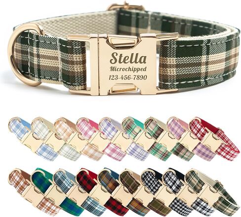 Plaid Polyester Personalized Dog Collar with Name - Custom Dog Collar Laser Engraved Name and Phone Numbers on Metal Buckle (Blue, S (10-16 Inches)) in Saudi Arabia