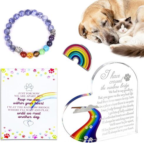 Pet Memorial Gift Set - Rainbow Bridge Sympathy Keepsake for Loss of Dog or Cat, Standing Acrylic Heart, Adjustable Beaded Bracelet, Commemorative Card & Brooch, Condolence Gift for Pet Owners in Kuwait