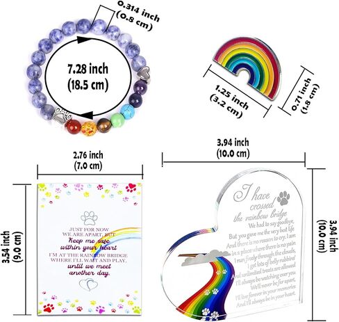 Pet Memorial Gift Set - Rainbow Bridge Sympathy Keepsake for Loss of Dog or Cat, Standing Acrylic Heart, Adjustable Beaded Bracelet, Commemorative Card & Brooch, Condolence Gift for Pet Owners in Kuwait