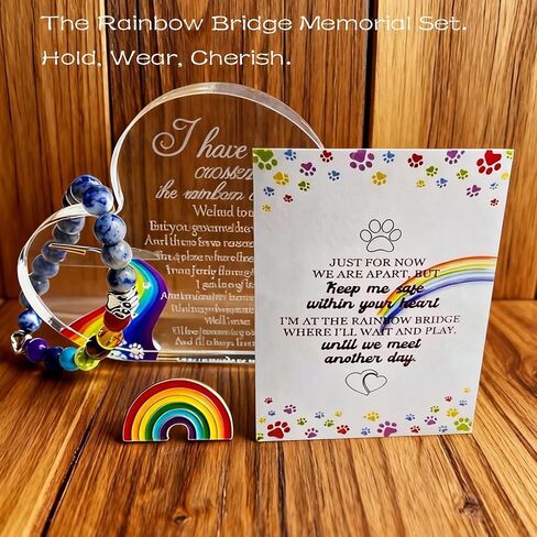 Pet Memorial Gift Set - Rainbow Bridge Sympathy Keepsake for Loss of Dog or Cat, Standing Acrylic Heart, Adjustable Beaded Bracelet, Commemorative Card & Brooch, Condolence Gift for Pet Owners in Kuwait