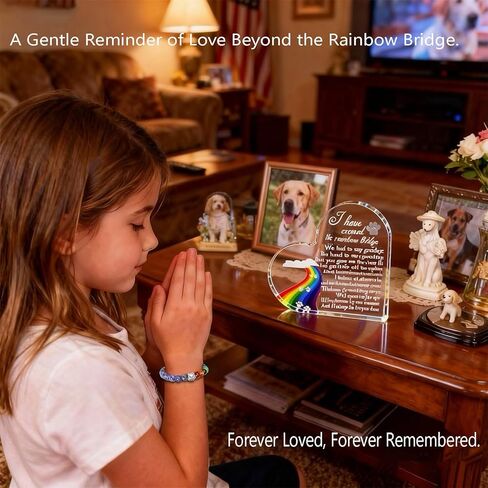 Pet Memorial Gift Set - Rainbow Bridge Sympathy Keepsake for Loss of Dog or Cat, Standing Acrylic Heart, Adjustable Beaded Bracelet, Commemorative Card & Brooch, Condolence Gift for Pet Owners in Kuwait