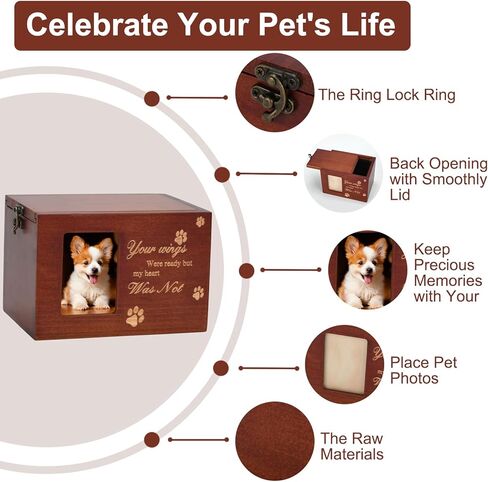 Pet Memorial Urns for Dog or Cat Ashes, Large Wooden Funeral Cremation Urns with Photo Frame, Keepsake Memory Box with Flannel Lining (Brown) in Kuwait