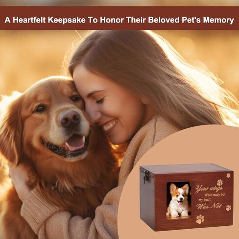 Pet Memorial Urns for Dog or Cat Ashes, Large Wooden Funeral Cremation Urns with Photo Frame, Keepsake Memory Box with Flannel Lining (Brown) in Kuwait