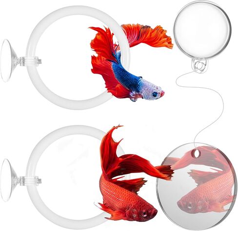 3Pcs Betta Fish Exercise Ring and Mirror Set 1 Mirror with Floating Ball 2 Exercise Training Rings Toy Betta Ring Enrichment Toys Floating Mirrors Balls Resting Spot Fishing Tank Accessories for Fish in Kuwait