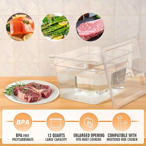 حاوية Sous Vide مع غطاء سعة 11 لترًا/12 كوارتًا لجميع أجهزة الطبخ الغمر تقريبًا، مجموعة ملحقات من البولي كربونات الشفافة والشفافة (12 كوات مع غطاء) in Kuwait