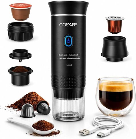 Portable Espresso Machine for Travel, Travel Coffee Maker Self Heating with USB-C, 20 Bar Coffee Machine 3in1 Compatible with Ground Coffee, Nespresso Capsule & DG Pods for Camping - Black in Kuwait