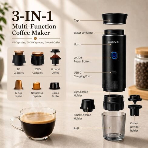 Portable Espresso Machine for Travel, Travel Coffee Maker Self Heating with USB-C, 20 Bar Coffee Machine 3in1 Compatible with Ground Coffee, Nespresso Capsule & DG Pods for Camping - Black in Kuwait