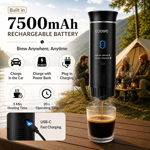 Portable Espresso Machine for Travel, Travel Coffee Maker Self Heating with USB-C, 20 Bar Coffee Machine 3in1 Compatible with Ground Coffee, Nespresso Capsule & DG Pods for Camping - Black in Kuwait