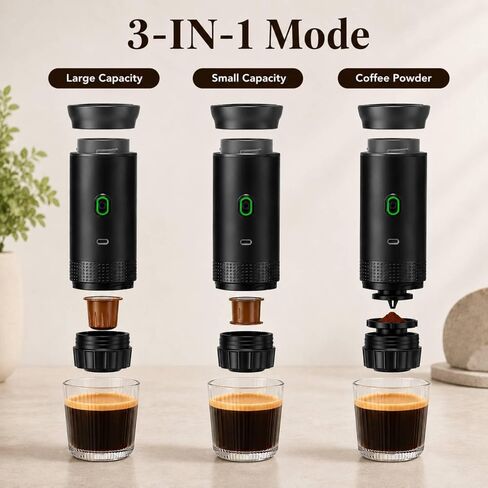 Portable Espresso Machine for Travel, Travel Coffee Maker Self Heating with USB-C, 20 Bar Coffee Machine 3in1 Compatible with Ground Coffee, Nespresso Capsule & DG Pods for Camping - Black in Kuwait