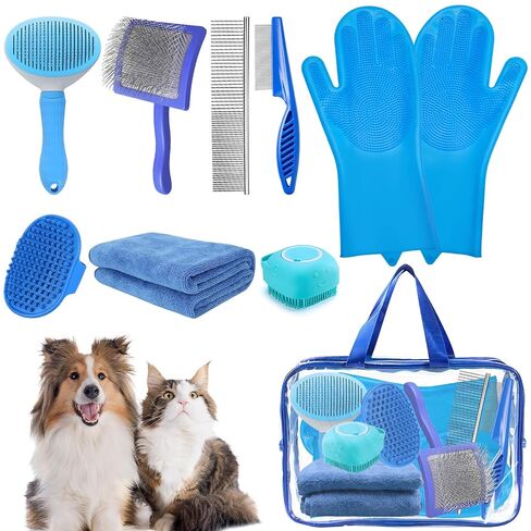 8PCS Dog Slicker Brush for Dogs Grooming Kit,Bath Grooming Kit for Pets,Hair Brush Set with Towel,Washing Gloves,Slicker Comb,and Shampoo Scrubber Brush for Small and Large Dogs and Cats(Blue) in Kuwait