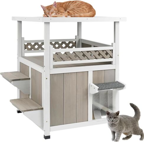 PetsCosset Outdoor Cat House 2 Story Wooden Houses for Outside Feral Cats Weatherproof Indoor Cat Condo with Large Balcony 2 Escape Doors to Enhanced Safety, Easy Slide Bottom, Simple Assembly in Kuwait
