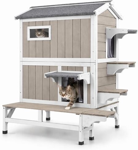 PetsCosset Outdoor Cat House 2 Story Wooden Houses for Outside Feral Cats Weatherproof Indoor Cat Condo with Large Balcony 2 Escape Doors to Enhanced Safety, Easy Slide Bottom, Simple Assembly in Kuwait