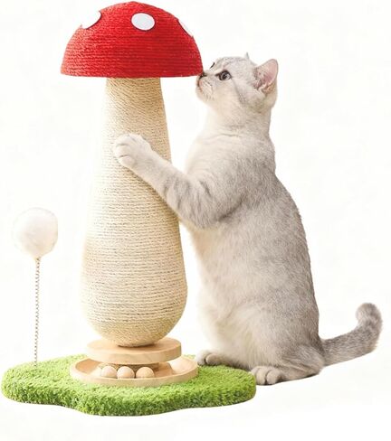 Mushroom Cat Scratcher Tower, Interactive Ball Track Spring Ball Cat Scratching Post, Sisal Kitty Activity Center for Indoor Cats & Kittens, Sturdy Wide Base 25.2 Inch - Red in Kuwait