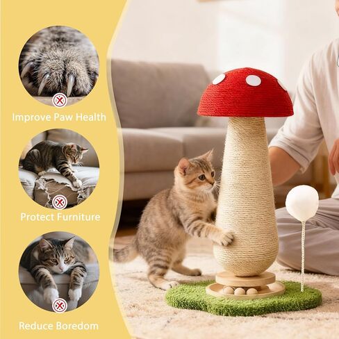Mushroom Cat Scratcher Tower, Interactive Ball Track Spring Ball Cat Scratching Post, Sisal Kitty Activity Center for Indoor Cats & Kittens, Sturdy Wide Base 25.2 Inch - Red in Kuwait