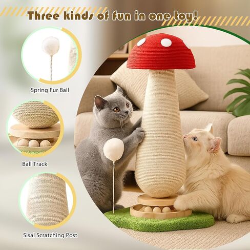 Mushroom Cat Scratcher Tower, Interactive Ball Track Spring Ball Cat Scratching Post, Sisal Kitty Activity Center for Indoor Cats & Kittens, Sturdy Wide Base 25.2 Inch - Red in Kuwait