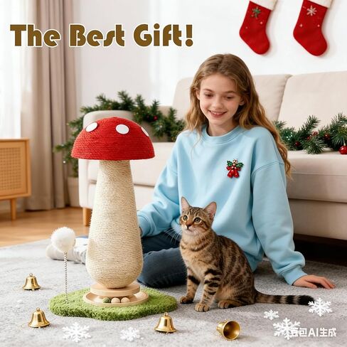 Mushroom Cat Scratcher Tower, Interactive Ball Track Spring Ball Cat Scratching Post, Sisal Kitty Activity Center for Indoor Cats & Kittens, Sturdy Wide Base 25.2 Inch - Red in Kuwait