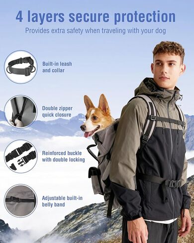 Dog Backpack for Small & Medium Dogs – 4-Layer Safety Pet Carrier with Thick Shoulder Straps, Detachable Waist Bag, Breathable Mesh & Storage Pockets for Travel & Hiking in Kuwait