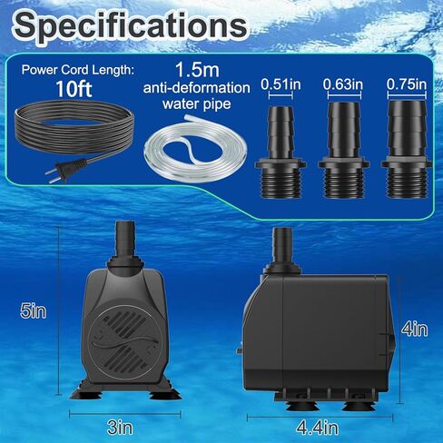 SongLong 800GPH(3000L/H) 10ft Power Cord Submersible Pump,Over Heating Protection Water Pump with 10ft Lift for Fountains, Ponds, Aquariums & Hydroponics. in Kuwait