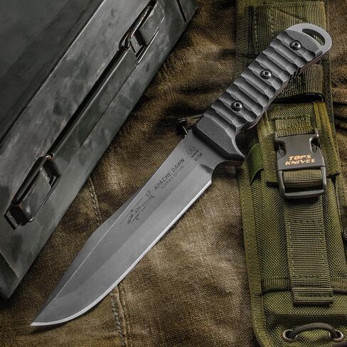 Tops Knives Apache Dawn Rockies Edition Full Tang شفرة ثابتة - لمسة نهائية متساقطة - غمد نايلون MIL-SPEC زيتوني (مقبض G10 أسود) in Kuwait