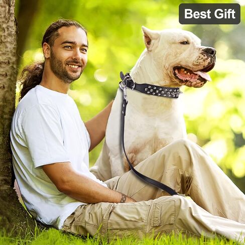 طوق كلب Frienhund قابل للتعديل: طوق كلب واقٍ من جلد البولي يوريثان مع مقود، طوق متين مدبب للكلاب متوسطة الحجم، أسود، مقاس XL (17.7"-20.5") in Kuwait