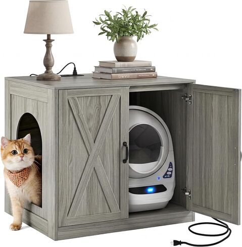 YITAHOME Large Hidden Litter Box Furniture with Power Outlets, Wooden Cat Litter Box Enclosure for Self-Cleaning Litter Boxes, Indoor Wooden Storage Cat Cabinet, Wash Grey in Kuwait