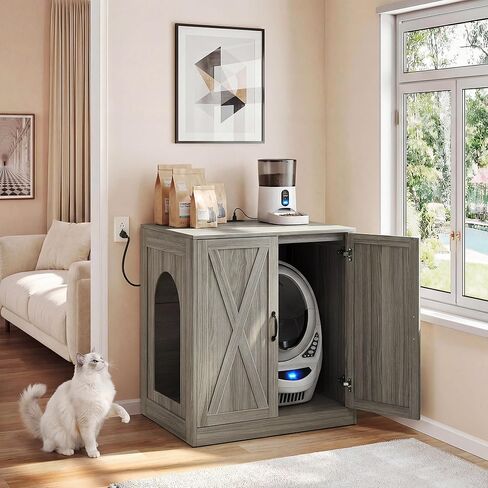 YITAHOME Large Hidden Litter Box Furniture with Power Outlets, Wooden Cat Litter Box Enclosure for Self-Cleaning Litter Boxes, Indoor Wooden Storage Cat Cabinet, Wash Grey in Kuwait