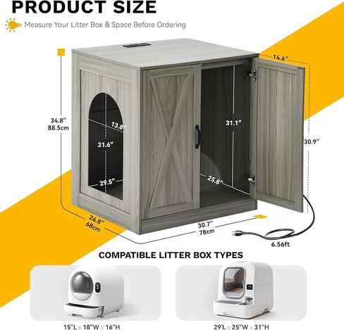 YITAHOME Large Hidden Litter Box Furniture with Power Outlets, Wooden Cat Litter Box Enclosure for Self-Cleaning Litter Boxes, Indoor Wooden Storage Cat Cabinet, Wash Grey in Kuwait