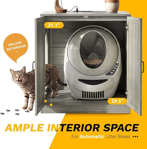 YITAHOME Large Hidden Litter Box Furniture with Power Outlets, Wooden Cat Litter Box Enclosure for Self-Cleaning Litter Boxes, Indoor Wooden Storage Cat Cabinet, Wash Grey in Kuwait