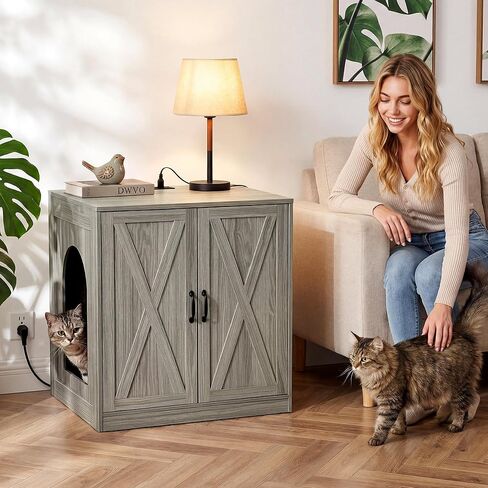 YITAHOME Large Hidden Litter Box Furniture with Power Outlets, Wooden Cat Litter Box Enclosure for Self-Cleaning Litter Boxes, Indoor Wooden Storage Cat Cabinet, Wash Grey in Kuwait