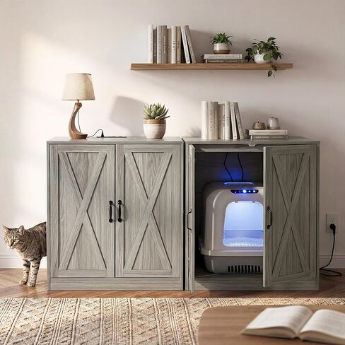 YITAHOME Large Hidden Litter Box Furniture with Power Outlets, Wooden Cat Litter Box Enclosure for Self-Cleaning Litter Boxes, Indoor Wooden Storage Cat Cabinet, Wash Grey in Kuwait