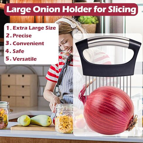 JAYVAR Extra-Large Onion Holder for Slicing, 304 Stainless Steel Large Onion Slicer with 14 Long Needles, Onions Cutter Vegetable Chopper, Tomato Cutter Slicer, Kitchen Gadgets for Evenly Slicing in Saudi Arabia