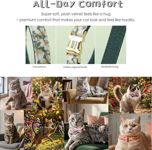 Engraved Floral Cat Collar with Removable Bow Tie - Personalized ID Tag & Safety Bell, Adaptive Polyester Design, （Non-Breakaway） - Floral Pattern Collection in Saudi Arabia