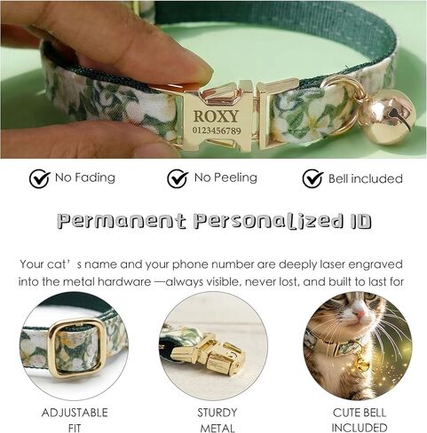 Engraved Floral Cat Collar with Removable Bow Tie - Personalized ID Tag & Safety Bell, Adaptive Polyester Design, （Non-Breakaway） - Floral Pattern Collection in Saudi Arabia
