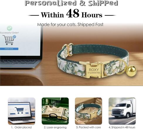 Engraved Floral Cat Collar with Removable Bow Tie - Personalized ID Tag & Safety Bell, Adaptive Polyester Design, （Non-Breakaway） - Floral Pattern Collection in Saudi Arabia