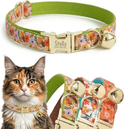 Engraved Floral Cat Collar with Removable Bow Tie - Personalized ID Tag & Safety Bell, Adaptive Polyester Design, （Non-Breakaway） - Floral Pattern Collection in Saudi Arabia