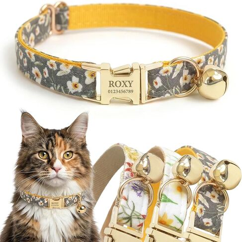 Engraved Floral Cat Collar with Removable Bow Tie - Personalized ID Tag & Safety Bell, Adaptive Polyester Design, （Non-Breakaway） - Floral Pattern Collection in Saudi Arabia