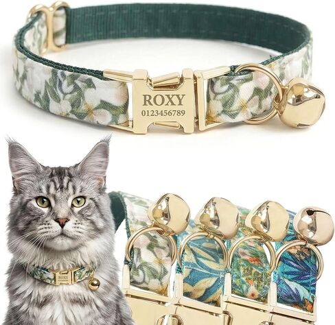 Engraved Floral Cat Collar with Removable Bow Tie - Personalized ID Tag & Safety Bell, Adaptive Polyester Design, （Non-Breakaway） - Floral Pattern Collection in Saudi Arabia