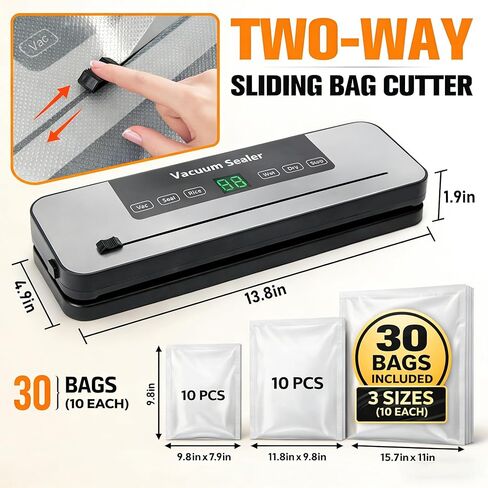 Vacuum Sealer Machine for Food with Built-in Cutter, 6-in-1 One-Touch Automatic Food Vacuum Sealer, Dry & Wet Modes, Digital Timer, Compact Food Saver Vacuum Sealer with 30 Bags Grey in Kuwait