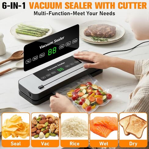 Vacuum Sealer Machine for Food with Built-in Cutter, 6-in-1 One-Touch Automatic Food Vacuum Sealer, Dry & Wet Modes, Digital Timer, Compact Food Saver Vacuum Sealer with 30 Bags Grey in Kuwait
